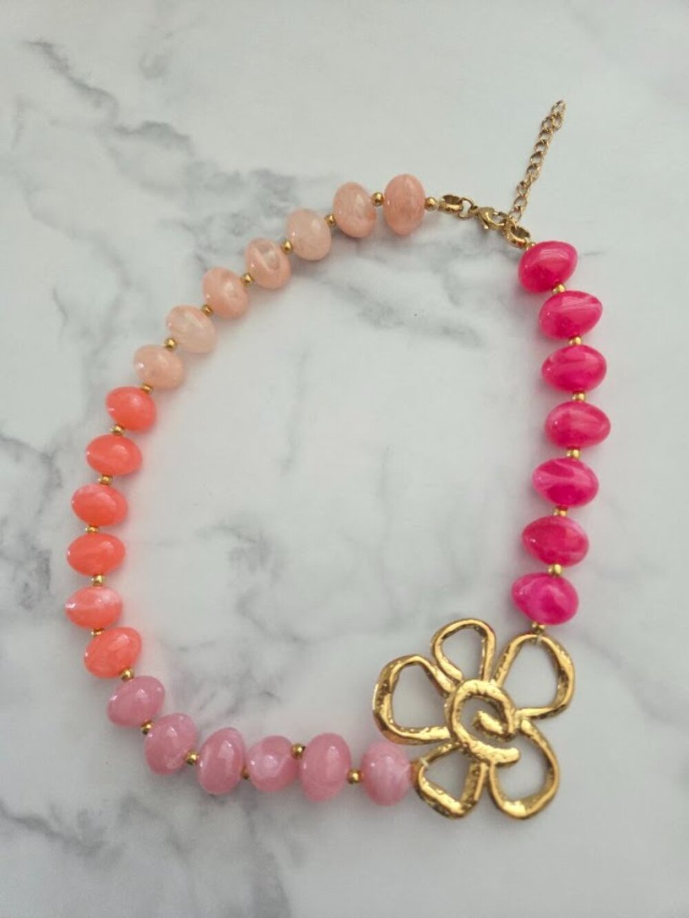 Pink Multicolor Beaded Gold Flower Statement Necklace - Picture 4 of 15